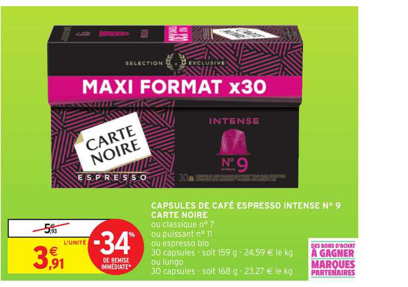capsules de café espresso intense n° 9 carte noire -34% remise immédiate