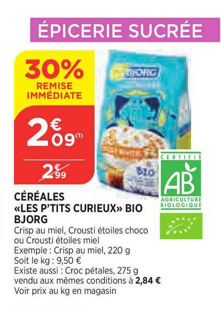 céréales les p'tits curieux bio bjorg 30% de remise immédiate