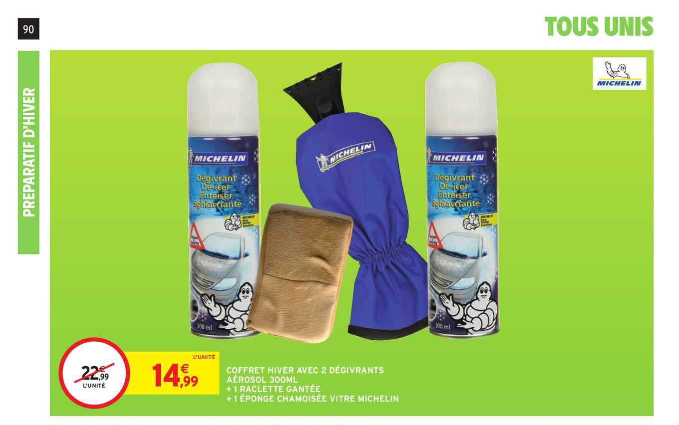 coffret hiver avec dégivrants aérosol 300 ml + 1 raclette gantée + 1 éponge chamoisée vitre michelin