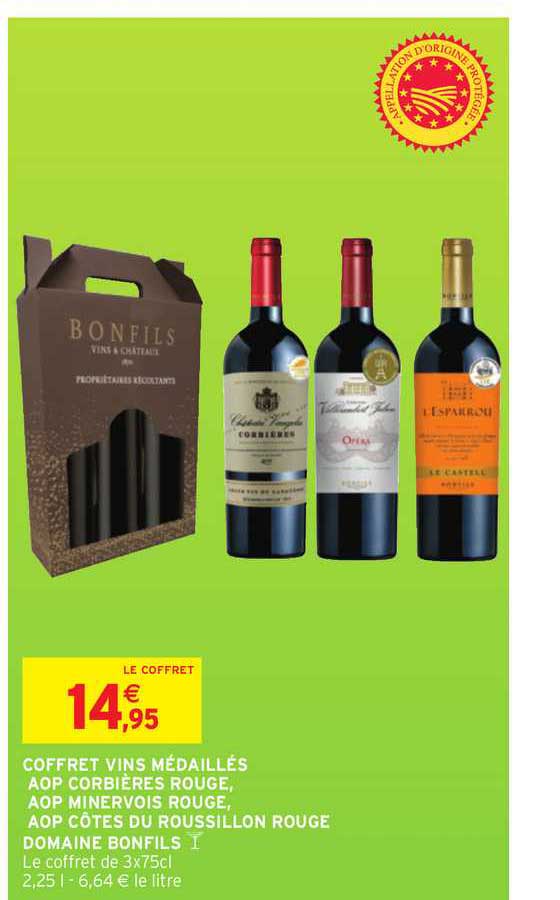 coffret vins médaillés aop corbières rouge aop minervois rouge aop côtes du roussillon rouge domaine bonfils