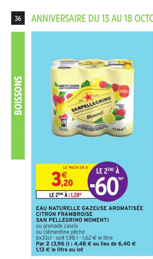eau naturelle gazeuse aromatisée citron framboise san pellegrino momenti le 2ème à -60%