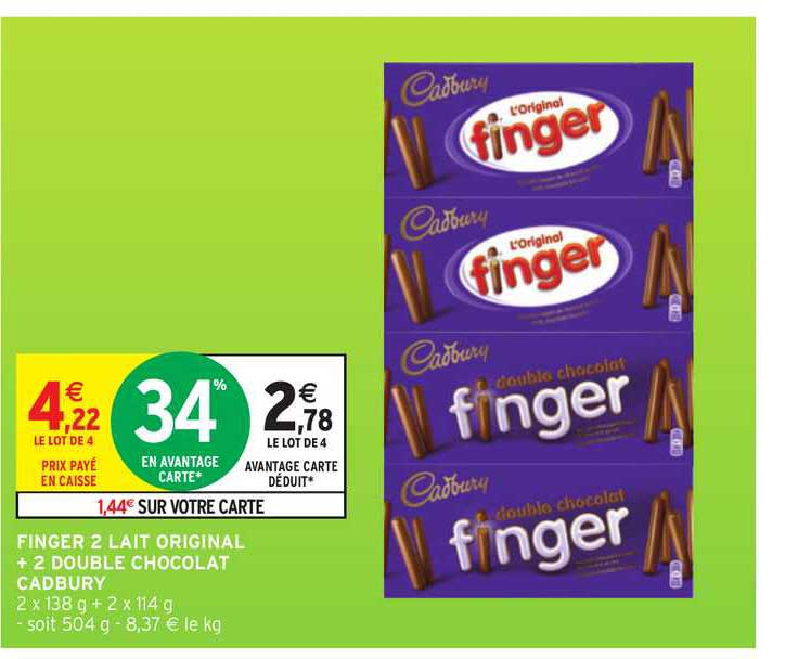 finger 2 lait original + 2 double chocolat cadbury