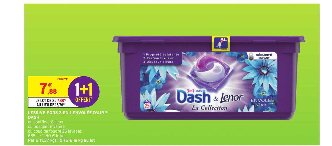 lessive pods 3 en 1 envolée d'air dash 1+1 offert