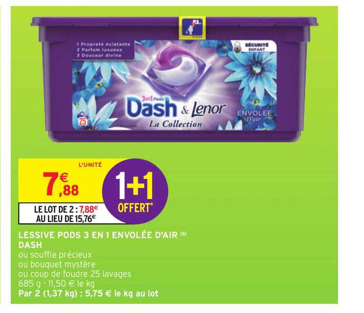 lessive pods 3 en 1 envolée d'air dash & lenor 1+1 offert