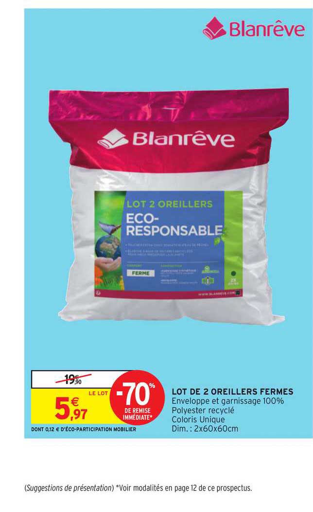 lot de 2 oreillers fermes blanrêve -70% remise immédiate