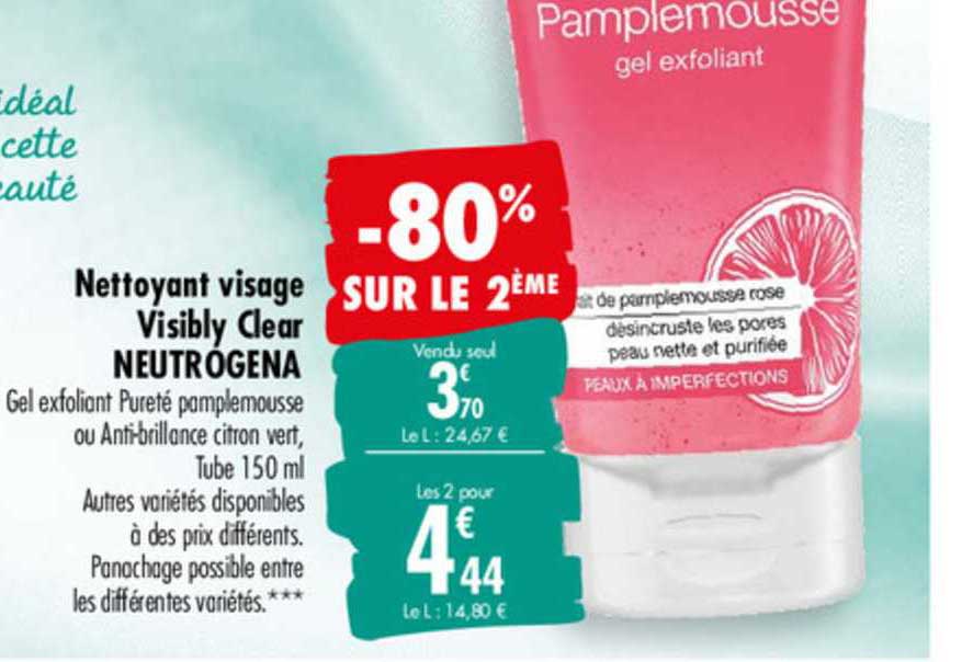nettoyant visage visibly clear neutrogena -80% sur le 2ème