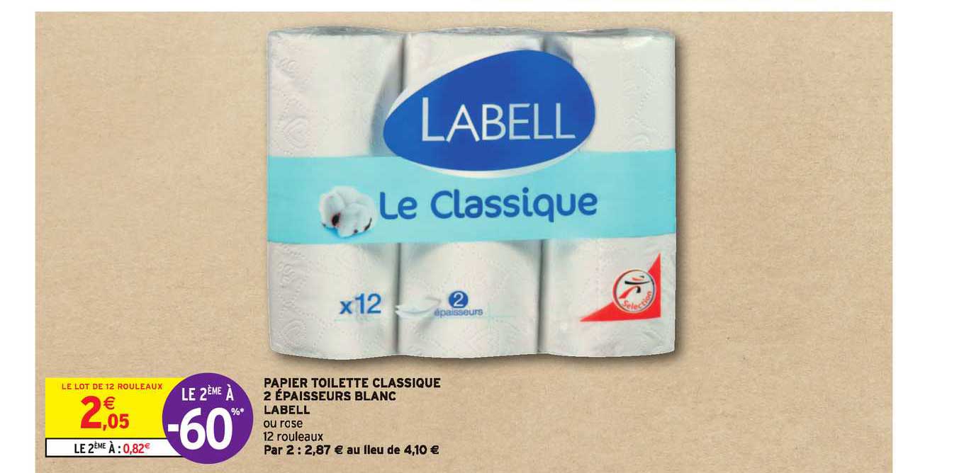 papier toilette classique 2 épaisseurs blanc labell le 2ème à -60%