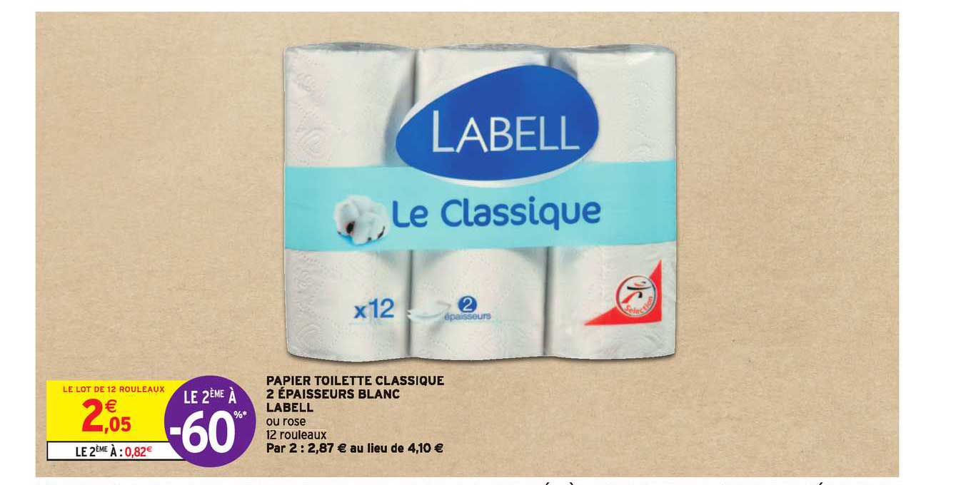 papier toilette classique 2 épaisseurs blanc labell le 2ème à -60%