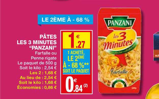 pâtes les 3 minutes panzani le 2ème à -68%