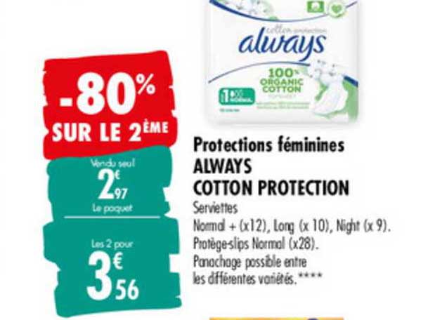 protections féminines always cotton protection -80% sur le 2ème
