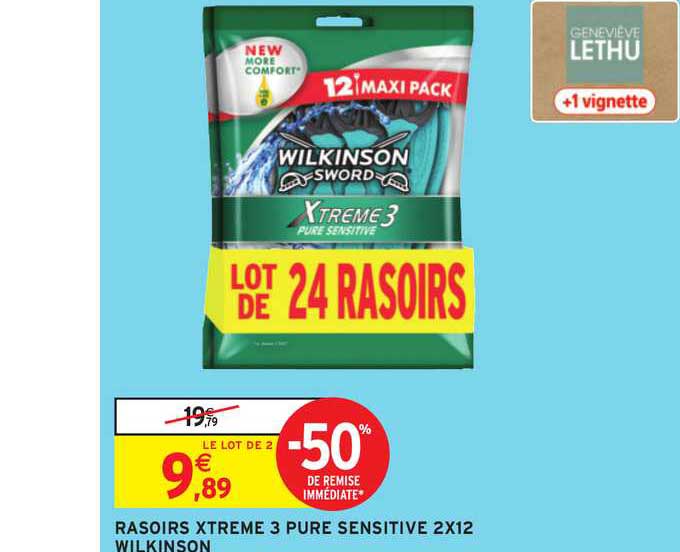 rasoire xtreme 3 pure sensitive 2x12 wilkinson -50% remise immédiate