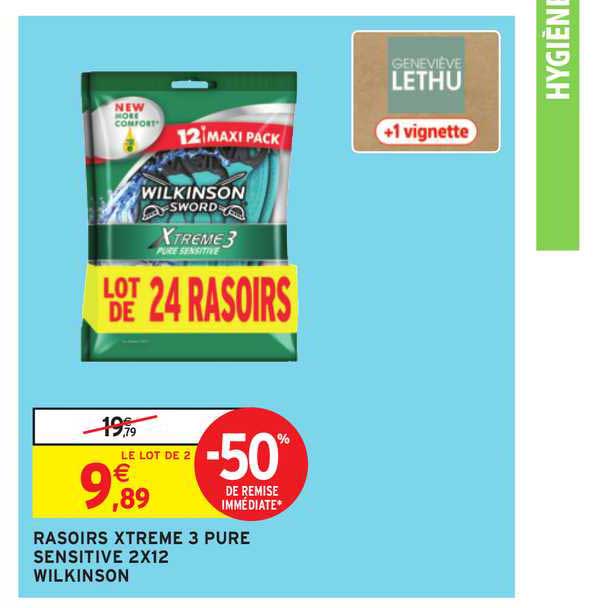 rasoirs xtreme 3 pure sensitive 2x12 wilkinson -50% de remise immédiate