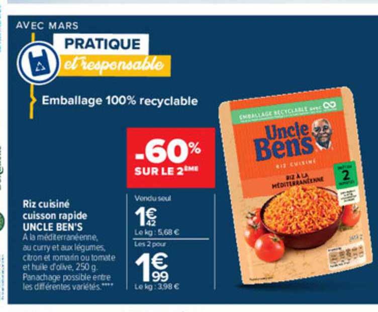 riz cuisiné cuisson rapide uncle ben's -60% sur le 2ème