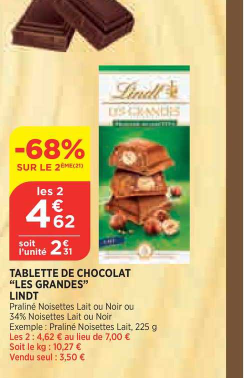 Tablette De Chocolat Les Grandes Lindt -68% Sur Le 2ème