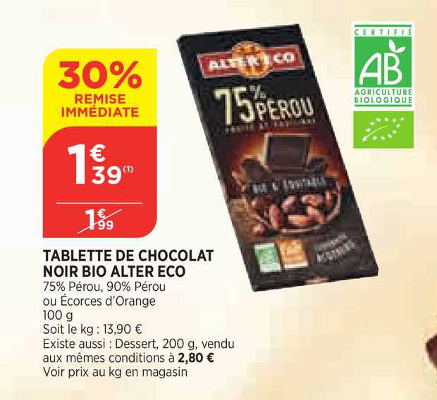 tablette de chocolat noir bio alter eco 30% de remise immédiate
