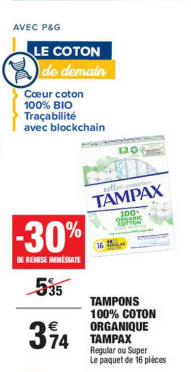 tampons 100% coton organique tampas -30% remise immédiate