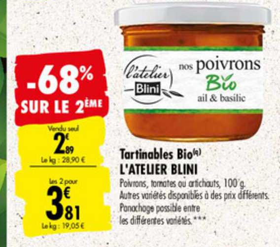 tartinables bio l'atelier blini -68% sur le 2ème