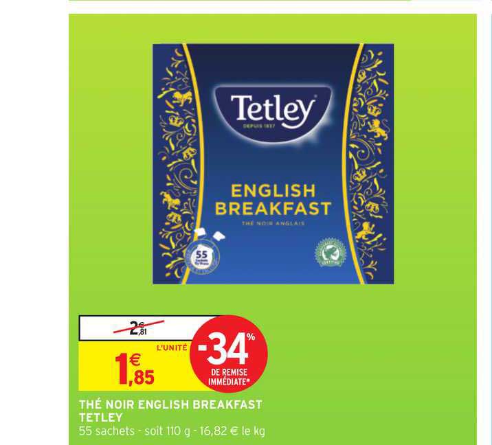 thé noir english breakfast tetley -34% remise immédiate
