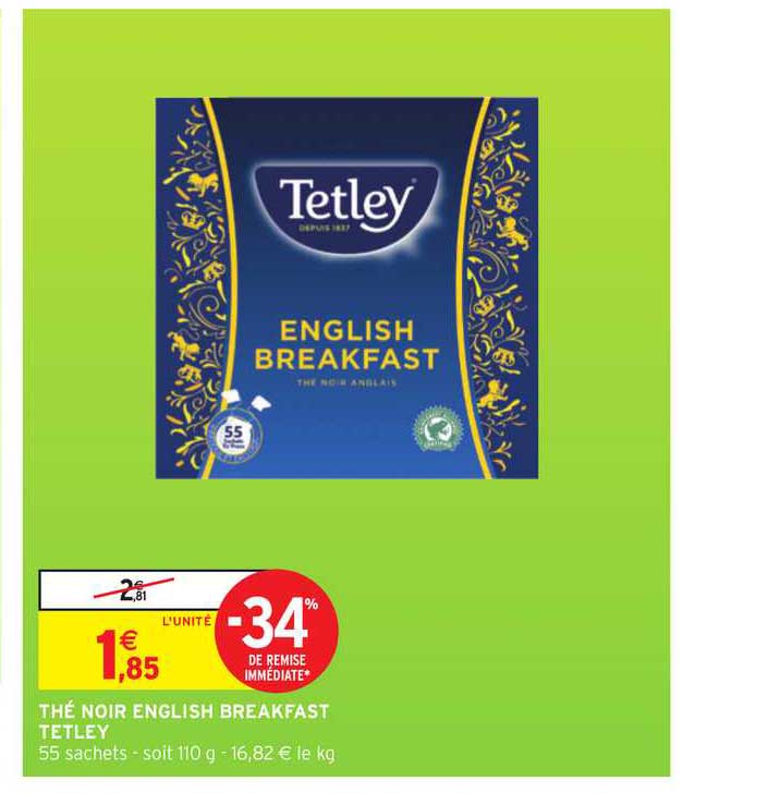 thé noir english breakfast tetley -34% remise immédiate
