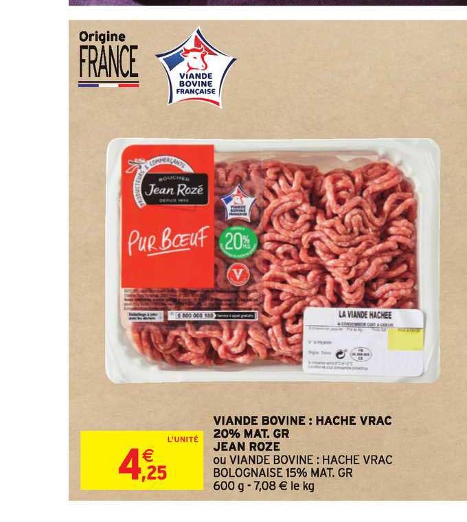 viande bovine haché vrac 20% m.g. jean rozé