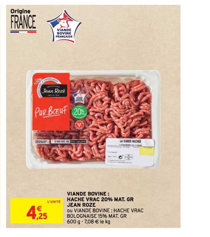 viande bovine haché vrac 20% m.g. jean rozé