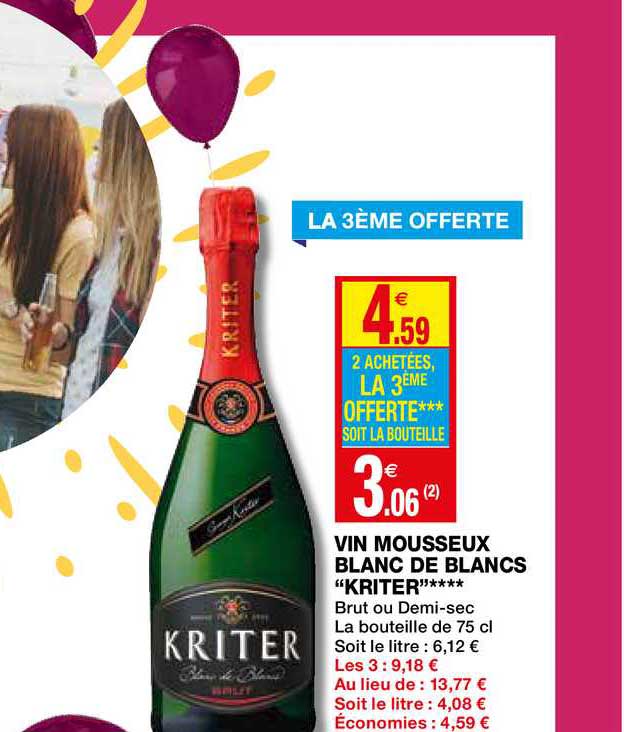 vin mousseux blanc de blancs kriter 2 achetés = le 3ème offert