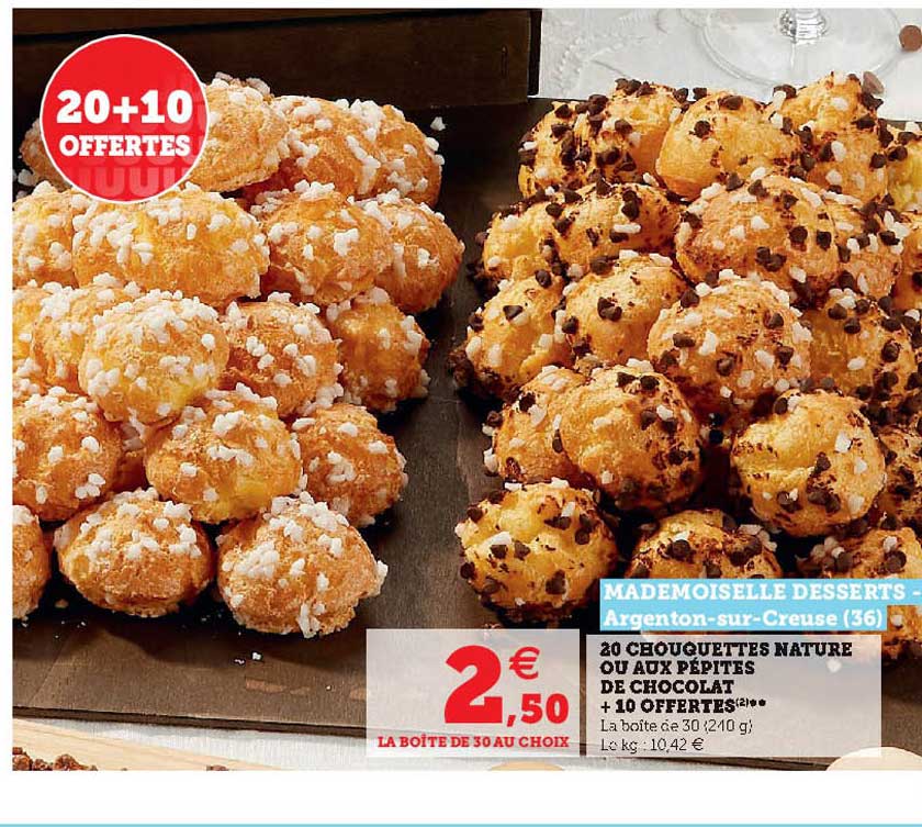 20 Chouquettes Nature Ou Aux Pépites De Chocolat +10 Offertes
