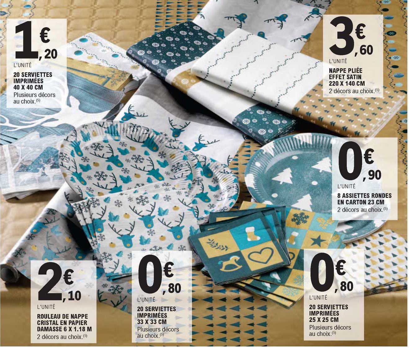 20 serviettes imprimées 40 x 40 cm, rouleau de nappe cristal en papier damasse 6 x 1.18 m, 20 serviettes imprimées 33 x 33 cm, 20 serviettes imprimées 25 x 25 cm, 8 assiettes rondes en carton 23 cm