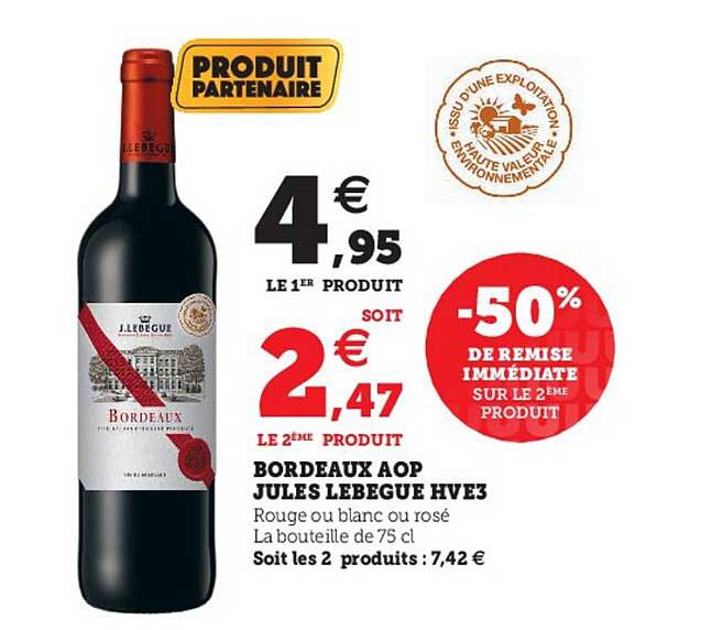 bordeaux aop jules lebegue hve3 -50% de remise immédiate sur le 2ème produit