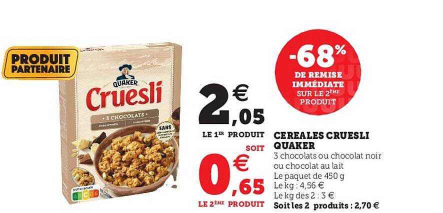 Céréales Cruesli Quaker -68% De Remise Immédiate Sur Le 2ème Produit