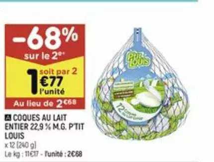 coques au lait entier 22,9% m.g. p'tit louis