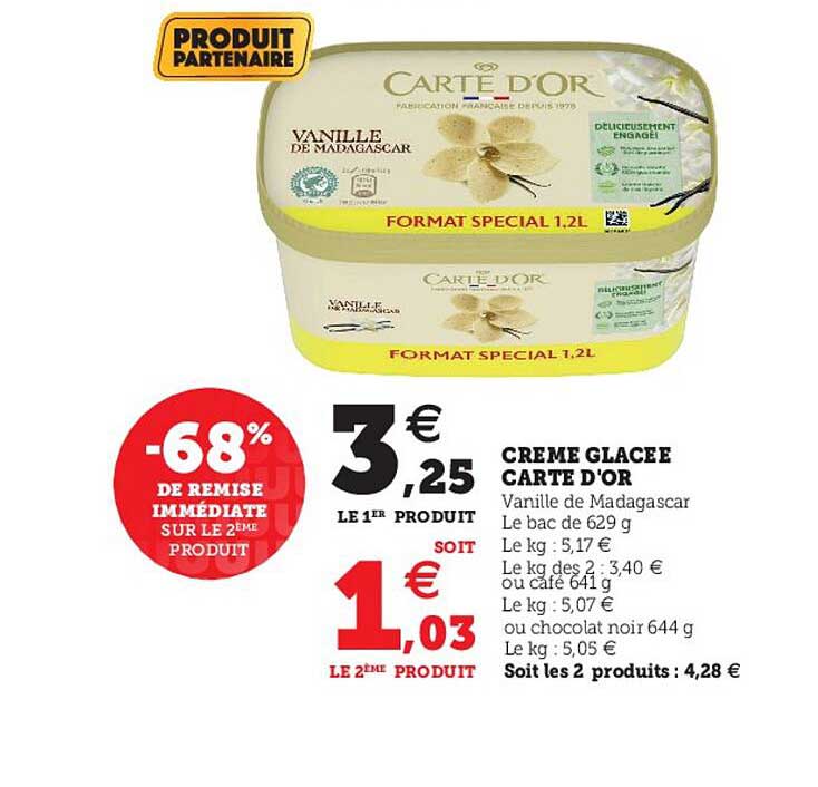 Crème Glacée Carte D'or -68% De Remise Immédiate Sur Le 2ème Produit