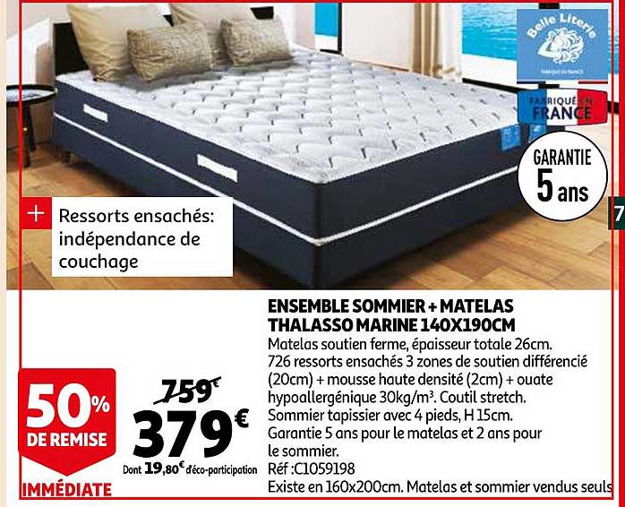 ensemble sommier + matelas thalasso marine 140 x 190 cm