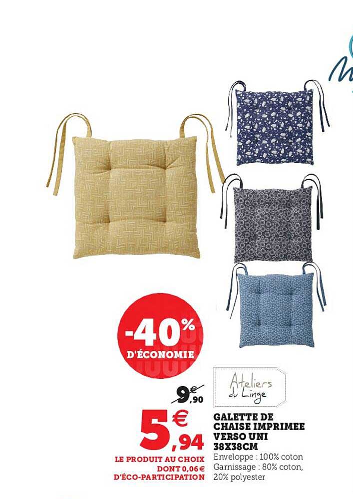 galette de chaise imprimée verso uni 38x38cm