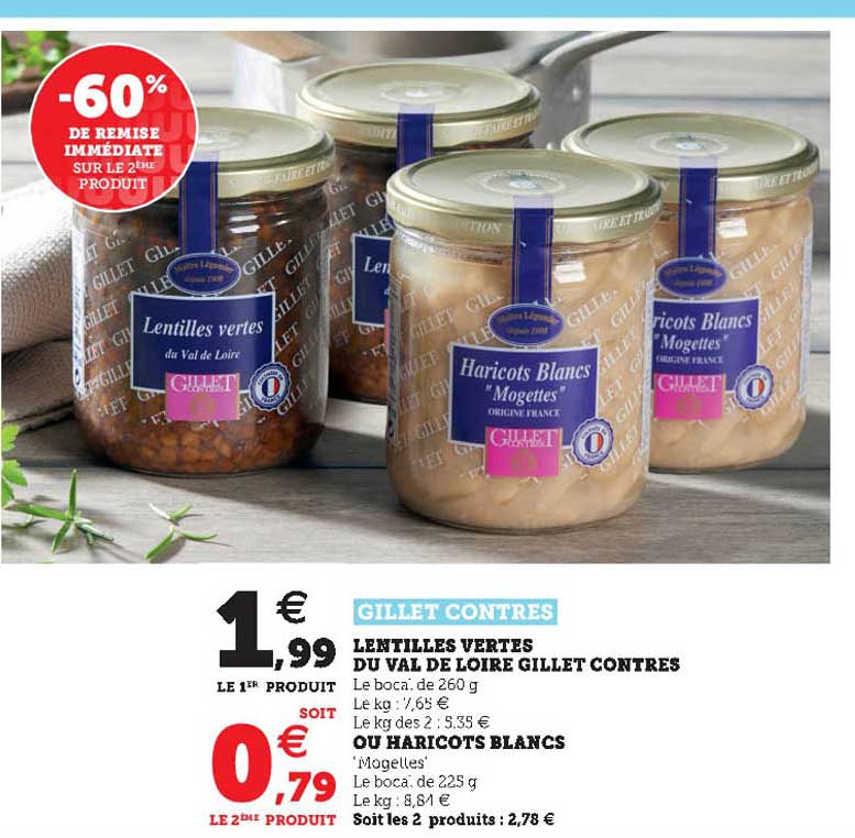 gillet contres lentilles vertes du val de loire gillet contres ou haricots blancs -60% de remise immédiate sur le 2ème produit