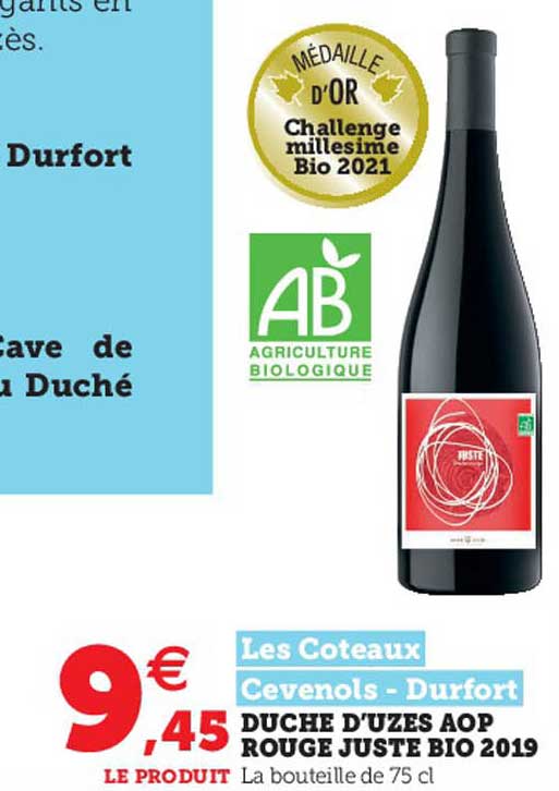 les coteaux cevenols - durfort duché d'uzes aop rouge juste bio 2019