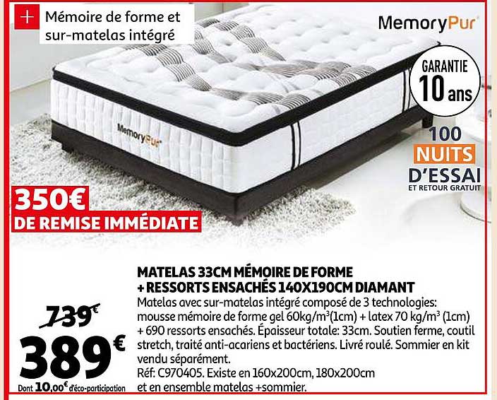 Matelas 33 Cm Mémoire De Forme + Ressorts Ensachés 140 X 190 Cm Diamant