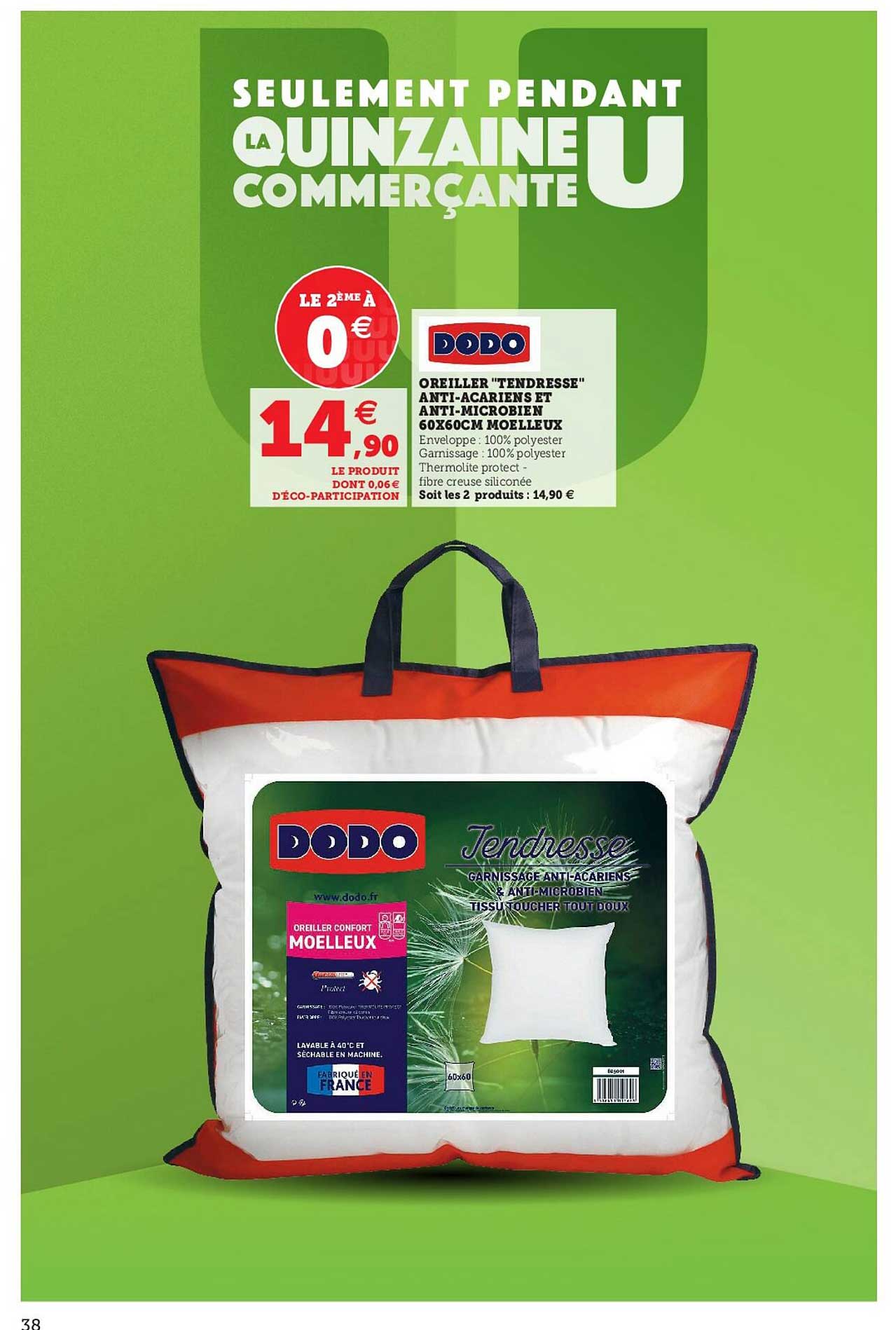 oreiller "tendresse" anti-acariens et anti-microbien 60x60cm moelleux