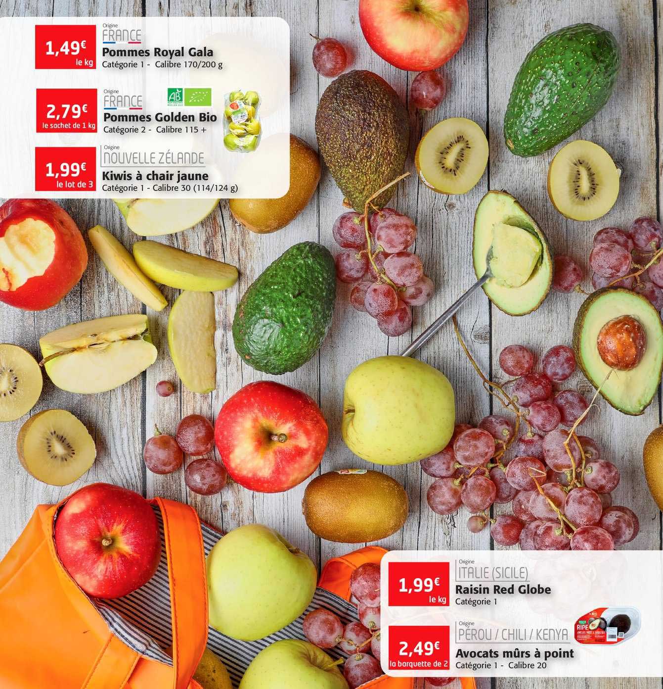 Pommes Royal Gala, Pommes Golden Bio, Kiwis à Chair Jaune, Raisin Red Globe, Avocats Mûrs à Point