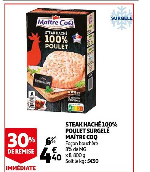 steak haché 100% poulet surgelé maître coq