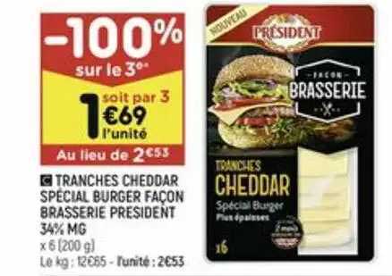 tranches cheddar spécial burger façon brasserie président 34% m.g.