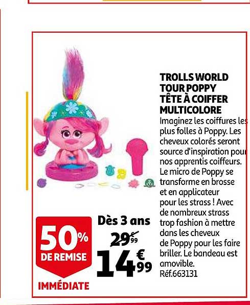 trolls world tour poppy tête à coiffer multicolore