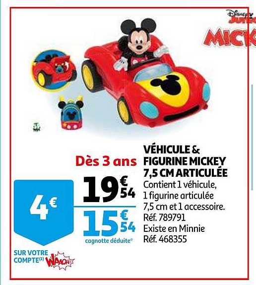 véhicule & figurine mickey 7,5 cm articulée