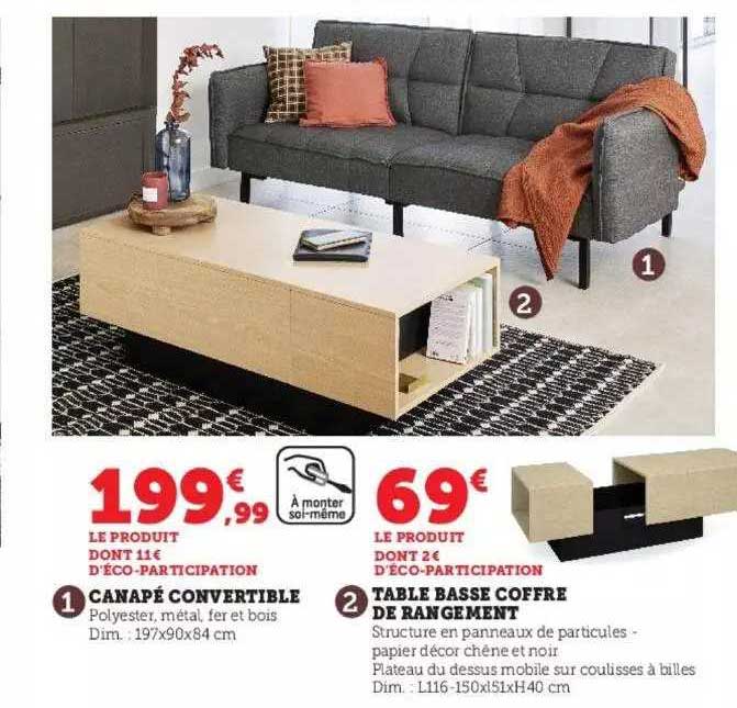 Canapé Convertible, Table Basse Coffre De Rangement