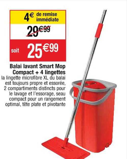 balai lavant smart mop compact + 4 lingettes