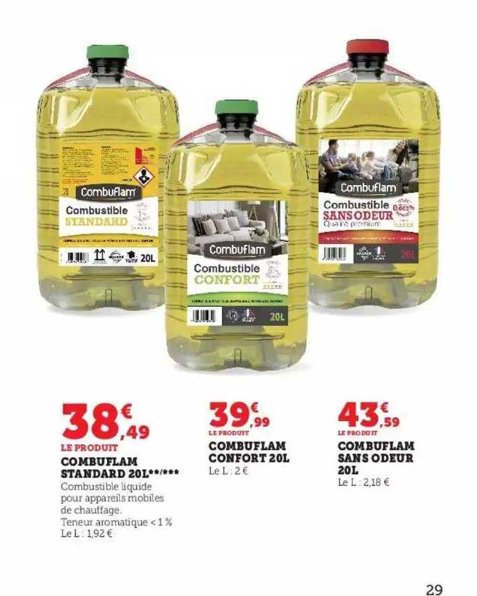 combuflam standard 20l, combuflam confort 20l, combuflam sans odeur 20l