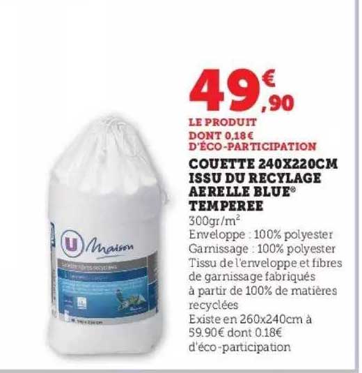 couette 240x220 cm issu du recyclage aerelle blue tempérée u maison