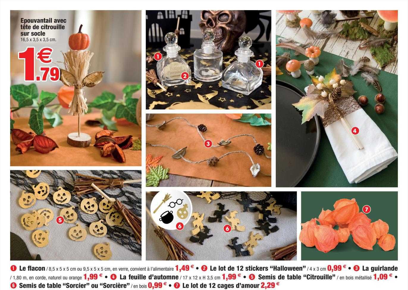 épouvantail avec tête de citrouille sur socle, le flacon, le lot de 12 stickers "halloween", la guirlande, la feuille d'automen, semis de table "citrouille", semis de table "sorcier" ou "sorcière"