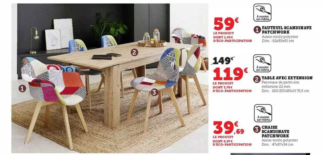 fauteuil scandinave patchwork, table avec extension, chaise scandinave patchwork