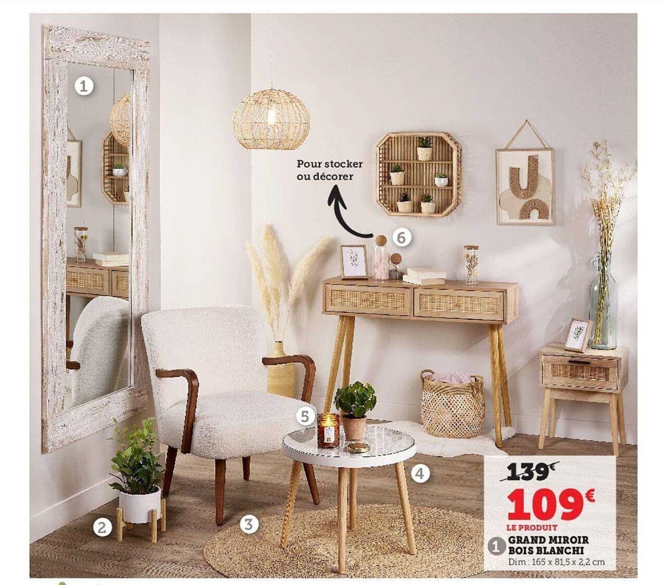 grand miroir bois blanchi